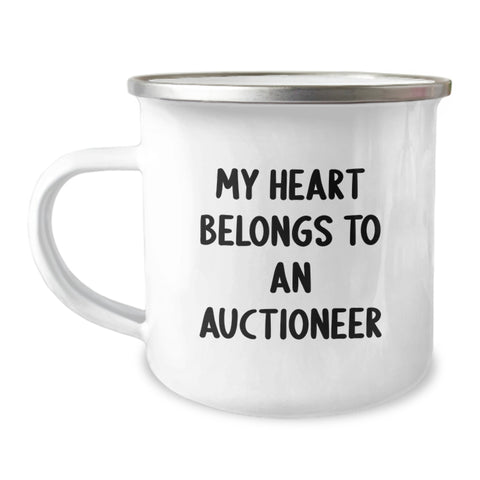 Image of Funny Inspirational Gifts from Friends to Men - Auctioneer Birthday Unique Gifts - Camping Mug - 'My Heart Belongs To An Auctioneer' - Image 1