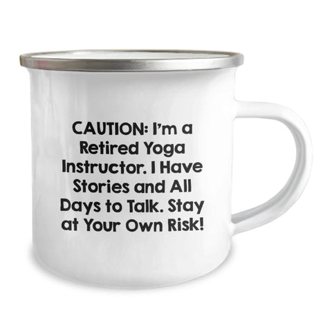 Image of Funny Gift from Friends to Yoga Instructor, Unique Birthday Unique Gifts for Men, Camping Mug with Caution Quote, Stainless Steel with Enamel Finish - Image 2
