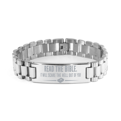 Image of Motivational Christian Stainless Steel Bracelet, Read the Bible. It will scare the Hell out of you!, Inspirational Christmas , Family, Anniversary Gifts For Christian Men, Women, Girls & Boys – front view