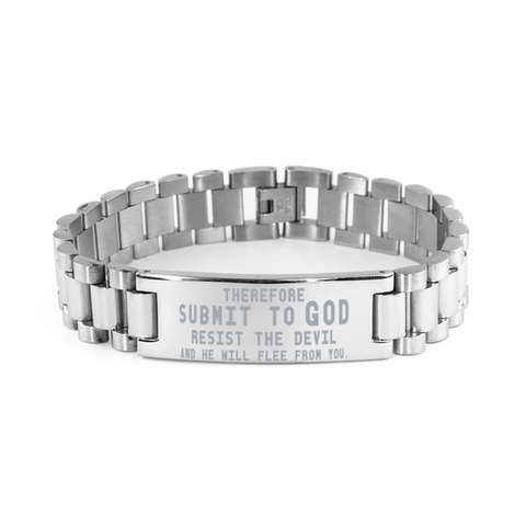 Image of Motivational Christian Stainless Steel Bracelet, Therefore submit to God. Resist the devil and he will flee from you., Inspirational Christmas , Family, Anniversary Gifts For Christian Men, Women, Girls & Boys