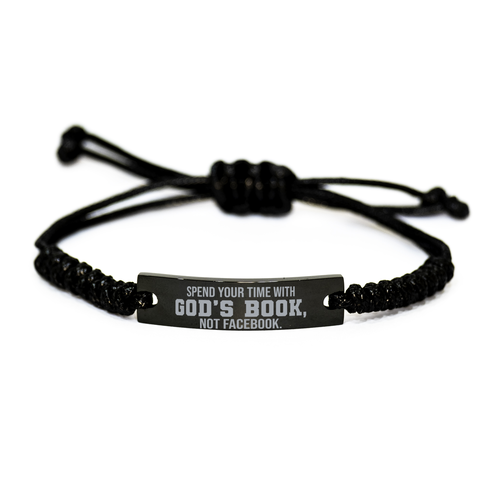 Image of Motivational Christian Black Rope Bracelet, Spend your time with God – front view