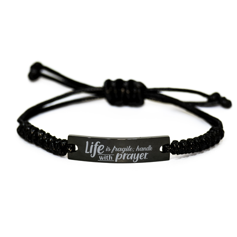 Image of Motivational Christian Black Rope Bracelet, Life is fragile; handle with prayer., Inspirational Christmas , Family, Anniversary Gifts For Christian Men, Women, Girls & Boys – front view
