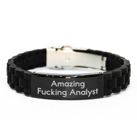 Image of Funny Analyst Gifts from Friends, Amazing F--king Analyst Glide lock Clasp Bracelet for Graduation Unique Gifts, Adjustable Silver Black Stainless Steel Silicone Analyst Watch - Image 1