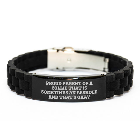 Image of Funny Collie Dog Gifts from Friends for Proud Parents - Glide lock Clasp Adjustable Black Stainless Steel Silicone Graduation Unique Gifts - Image 1