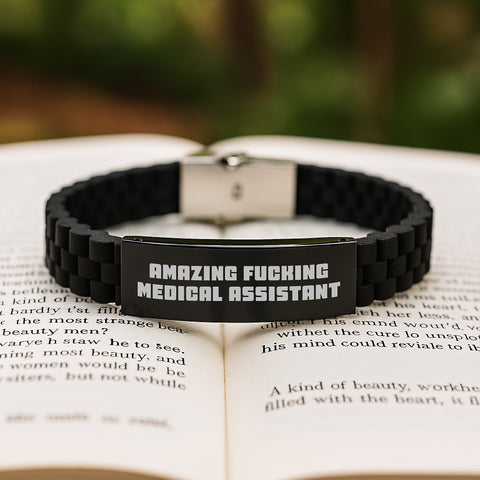 Image of Funny Medical Assistant Gifts for Men from Friends - Glide lock Clasp Bracelet, Black Stainless Steel, Adjustable - Amazing F--king Medical Assistant Quote for Graduation - Image 2