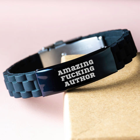 Image of Funny Author Gifts from Friends for Birthday - Glide lock Clasp Adjustable Silicone Stainless Steel Silver Black Bracelet, 'Amazing F--king Author' Quote - Image 3