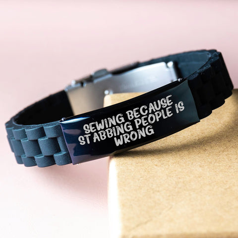 Image of Sewing Gifts for Women, Glide lock Clasp Bracelet, Funny Quote, Gifts from Friends, for Sewing Enthusiasts, Graduation Unique Gifts, Black Stainless Steel, Adjustable - Image 3