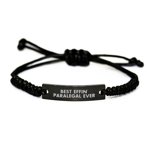 Image of Funny Paralegal Gifts from Friends for Birthday, 'Best Effin' Paralegal Ever' Quote Rope Bracelet, Adjustable Black Stainless Steel with Interlaced Rope, Rust Resistant - Image 1