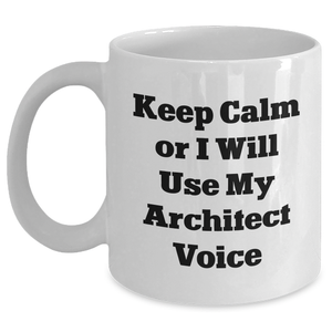 Architect Humor Gifts from Men for Father's Day - 'Keep Calm Or I Will Use My Architect Voice' White Coffee Mug, 11oz or 15oz Ceramic, Microwave and Dishwasher Safe - Main
