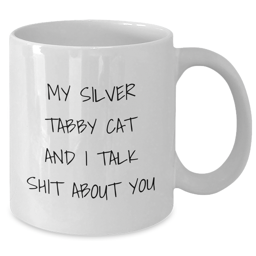Funny Silver Tabby Cat Gifts for Mom - White Coffee Mug from Friends, 'My Silver Tabby Cat And I Talk Shit About You' Quote, Mother's Day Unique Gifts - Additional
