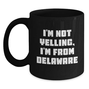 Funny Delaware Gifts for Men from Delaware, Unique Black Coffee Mugs with I'm Not Yelling, I'm From Delaware Quote for Delaware Lovers - Main