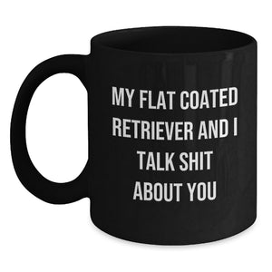 Funny Flat Coated Retriever Dog Gifts for Men, Women, Friends, Coworkers - Black Coffee Mug, 'My Flat Coated Retriever And I Talk Shit About You', Birthday Unique Gifts from Family - Main
