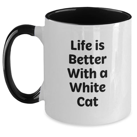 Image of Funny White Cat Two Tone Coffee Mugs Gifts for Men Women Friends Family - Life Is Better With A White Cat Quote - Main