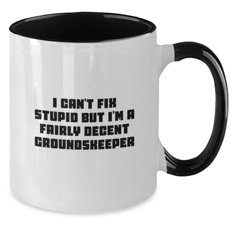 Image of Funny groundskeeper Gifts for Men from Friends, I Can't Fix Stupid But I'm A Decent groundskeeper Two Tone Coffee Mug, Christmas Unique - Additional