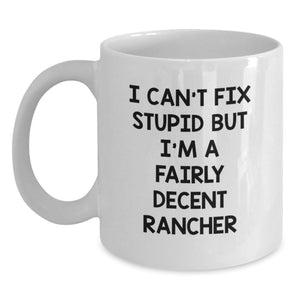 Funny Rancher Gifts from Men to Friends and Family - White Coffee Mug with I'm A Fairly Decent Rancher Quote, Unique Christmas Unique Gift Ideas - Main