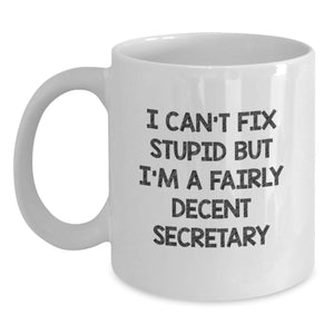 Funny Secretary White Coffee Mug, Gifts from Friends for Secretary at Christmas, I Can't Fix Stupid But I'm A Fairly Decent Secretary, White Coffee Mug for Secretary - Main