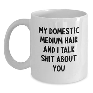 Funny Domestic Medium Hair Cat Gifts for Birthday - 'My Domestic Medium Hair And I Talk Shit About You' White Coffee Mug for Cat Lovers, Gifts from Friends, Family, Coworkers - Main