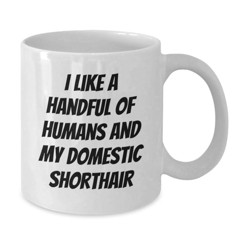Image of Funny Domestic Shorthair Cat Gifts for Graduation - White Coffee Mug with I Like A Handful Of Humans And My Domestic Shorthair Quote, Gifts from Men to Friends - Additional