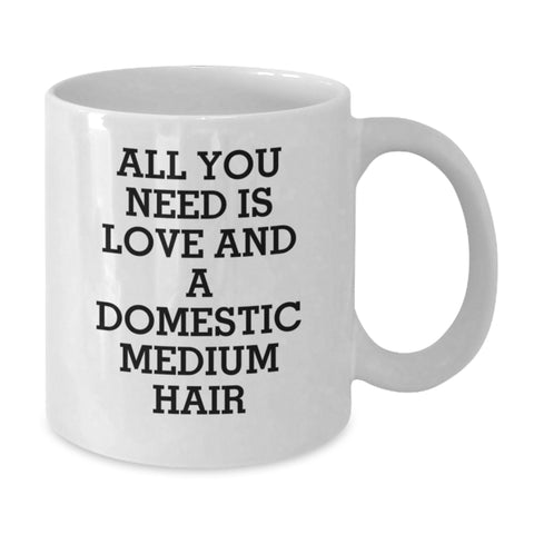 Image of Heartwarming Domestic Medium Hair Cat Lover Gifts from Friends for Graduation Unique White Coffee Mugs - 'All You Need Is Love And A Domestic Medium Hair' - Additional