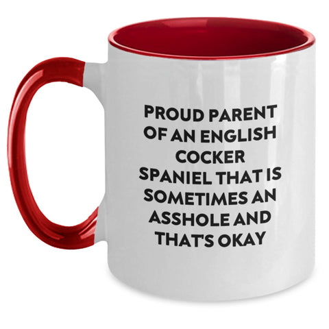 Image of Funny English Cocker Spaniel Dog Gifts for Men, Women, Friends - 'Proud Parent' Quote Two Tone Coffee Mug for Graduation - Gifts from Mom, Dad, Family, Coworkers, Friends - 11oz Ceramic Mug - Main