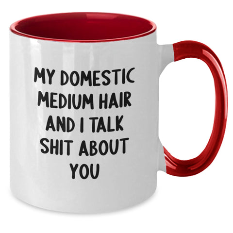 Image of Funny Domestic Medium Hair Cat Lover Gifts from Friends - My Domestic Medium Hair And I Talk Shit About You Quote on Two Tone Coffee Mug for Birthday Unique Gifts - Additional