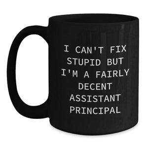 Funny Assistant Principal Gifts - I Can't Fix Stupid But I'm A Fairly Decent Assistant Principal Black Coffee Mug, Gifts for Assistant Principal, Birthday Unique Gifts from Friends