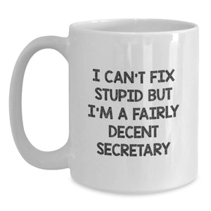 Funny Secretary White Coffee Mug, Gifts from Friends for Secretary at Christmas, I Can't Fix Stupid But I'm A Fairly Decent Secretary, White Coffee Mug for Secretary