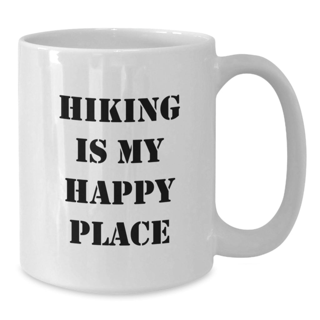 Hiking Adventures Gifts from Friends for Hiking Enthusiasts, White Coffee Mug with Inspirational Quote 'Hiking Is My Happy Place', 11oz or 15oz Capacity - Additional