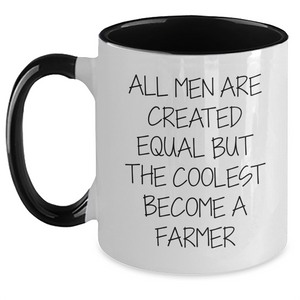 Farmer Gifts from Men - Funny Two Tone Coffee Mug for Father's Day, 'All Men Are Created Equal But The Coolest Become A Farmer' - Unique Gifts for Farmer - Main