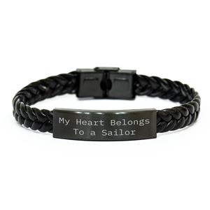 Sailor's Heart Belongs to a Sailor, Interlaced Leather Bracelet, Father's Day Unique Gift for Men, Funny Quote, Gifts from Family, Gifts for Sailor - Image 1