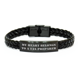 Funny Tax Preparer Gifts, My Heart Belongs To A Tax Preparer Interlaced Leather Bracelet for Men, Gifts from Men to Tax Preparer, Father's Day Unique Gifts for Him - Image 1
