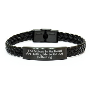 Funny Art Collecting Gifts for Men - Interlaced Leather Bracelet from Friends, Unique Father's Day Unique Gifts for Art Lovers, Quote: 'The Voices In My Head Are Telling Me To Go Art Collecting' - Image 1