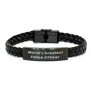 Funny World's Greatest Police Officer Gifts for Men, Unique Interlaced Leather Bracelet, Stainless Steel and PU Leather Combination, 7.87 inches Length, Perfect for Father's Day from Family - Image 1