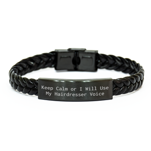Hairdresser Humor Interlaced Leather Bracelet Gifts for Men, Keep Calm Or I Will Use My Hairdresser Voice, Unique Father's Day Presents from Friends - Image 1