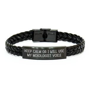 Mixologist Gifts, Keep Calm Or I Will Use My Mixologist Voice, Interlaced Leather Bracelet for Men, Father's Day Unique Gifts from Friends - Image 1