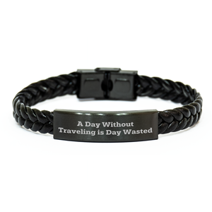 Traveling Enthusiasts Gift, Inspirational Quote Interlaced Leather Bracelet, Father's Day Unique Gifts from Men to Friends - A Day Without Traveling Is Day Wasted - Image 1
