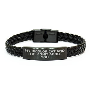 Bicolor Cat Gifts, Funny Quote Interlaced Leather Bracelet, Gifts from Family to Bicolor Cat, Mother's Day Unique Gifts, Gifts for Bicolor Cat - Image 1