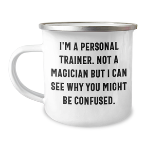 Personal Trainer Camping Mug, Funny Quote Gifts from Men to Personal Trainers, Unique Father's Day Unique Gifts for Men, Camping Mug with Enamel Finish - Image 1