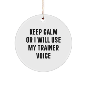 Funny Trainer Gifts from Friends for Christmas - 'Keep Calm Or I Will Use My Trainer Voice' Circle Ornament, Trainer Decor, Trainer Humor - Image 1