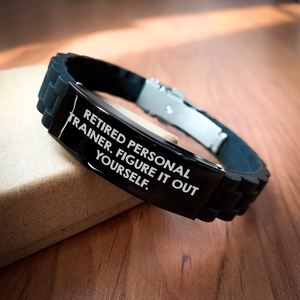Funny Quote Personal Trainer Gifts from Men to Dad on Father's Day - Adjustable Glide lock Clasp Black Stainless Steel Silicone Bracelet