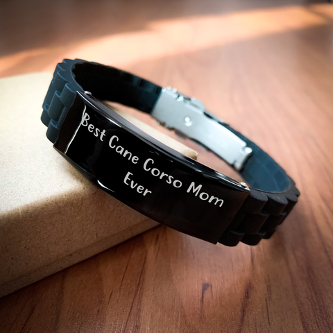 Image of Cane Corso Dog Mom Ever Glide lock Clasp Black Stainless Steel Adjustable Silicone Charm Gift for Dad on Father's Day - Funny Inspirational Quote - Gifts from Mom to Awesome Cane Corso Dog Dad - Image 2