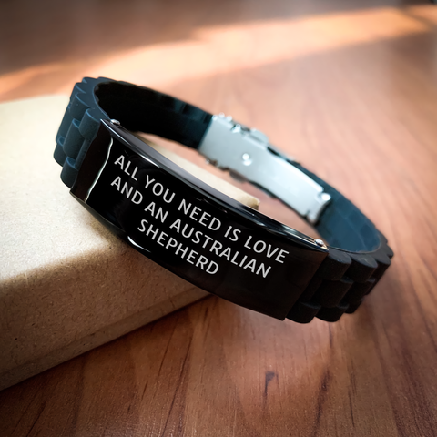 Image of Funny Australian Shepherd Dog Gifts for Men from Friends on Graduation Unique Gifts with Glide lock Clasp Bracelet Quote 'All You Need Is Love And An Australian Shepherd' - Image 2