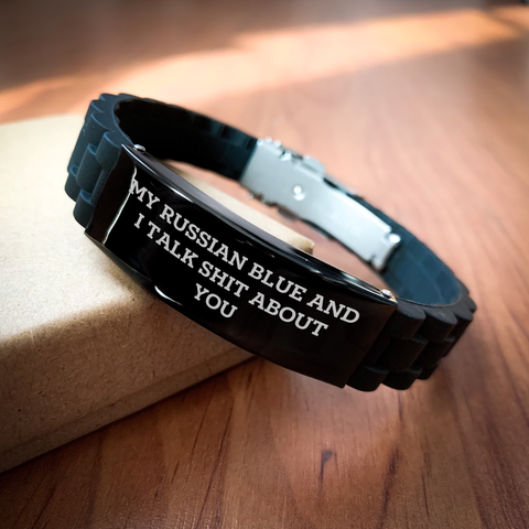 Image of Funny Russian Blue Cat Mom Gifts for Her - Glide lock Clasp Adjustable Black Silver Stainless Steel Silicone Bracelet from Friends, Coworkers, or Family - Image 2