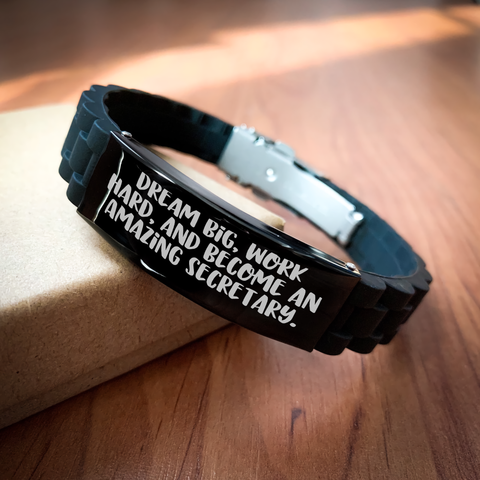 Image of Inspirational Secretary Gifts from Friends, 'Dream Big, Work Hard, And Become An Amazing Secretary.' Glide lock Clasp Black Stainless Steel Silicone Adjustable Graduation Unique Gifts - Image 2