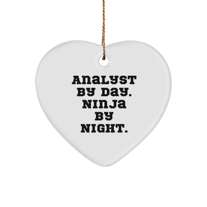 Funny Analyst Gifts for Men, Women, Coworkers, Family - Heart Ornament with Quote 'Analyst By Day. Ninja By Night.' - Christmas Unique Presents - Image 1