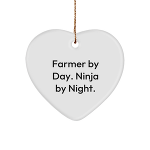 Funny Farmer Gifts: 'Farmer By Day. Ninja By Night.' Heart Ornament for Christmas, Gifts from Men to Farmer, Gifts for Farmer - Image 1