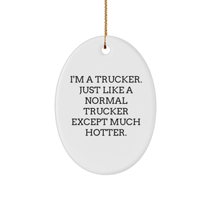 Funny Trucker Oval Ornament Gifts from Men to Trucker Friends for Christmas - 'I'm A Trucker. Just Like A Normal Trucker Except Much Hotter.' - Image 1