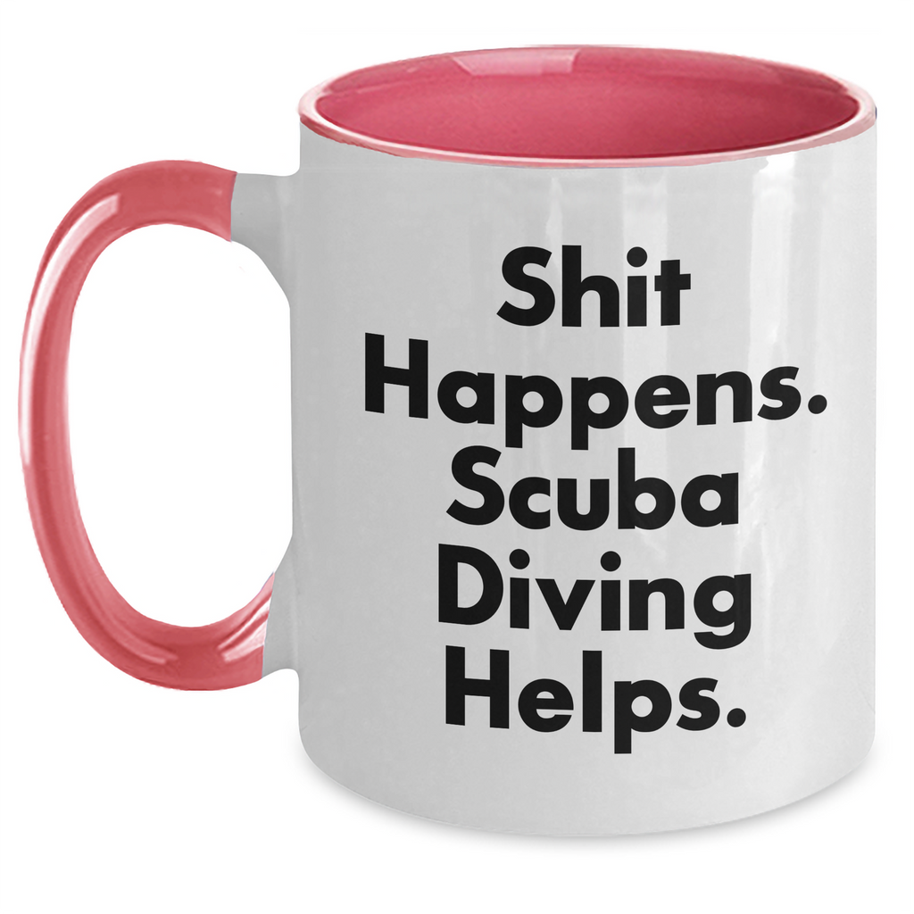 Scuba Diving Humor Gifts for Men, Two Tone Coffee Mug - Shit Happens, Scuba Diving Helps., Unique Father's Day Unique Gifts from Men to Scuba Diving Enthusiasts - Main