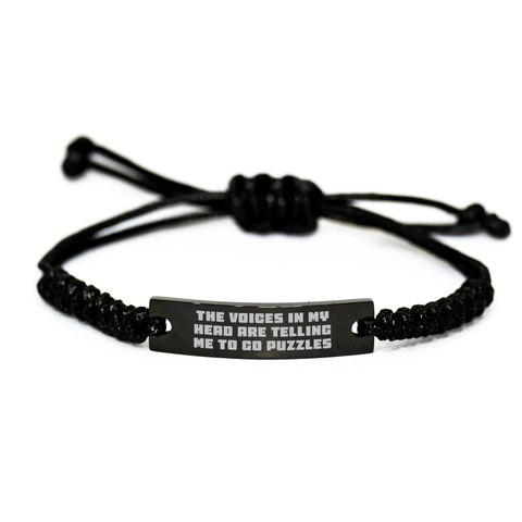 Image of Funny Puzzles Gifts from Friends for Mother's Day Unique Rope Braclet, 'The Voices In My Head Are Telling Me To Go Puzzles' Quote, Adjustable Black Stainless Steel with Interlaced Rope - Image 1