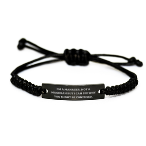 Funny Manager Gifts from Friends - Customizable Rope Bracelet for Mom's Day, I'm A Manager Not A Magician, Black Stainless Steel with Interlaced Rope - Image 1